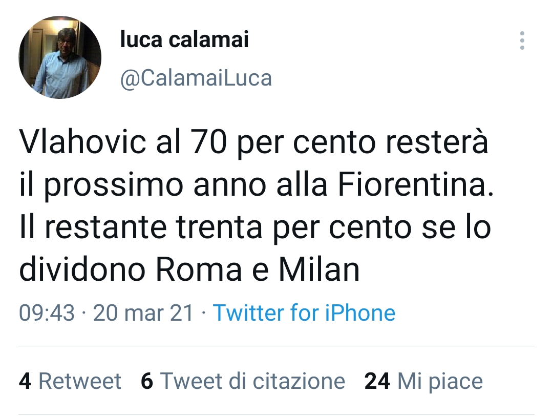 Calamai: "Vlahovic al 70% resterà un giocatore della Fiorentina"