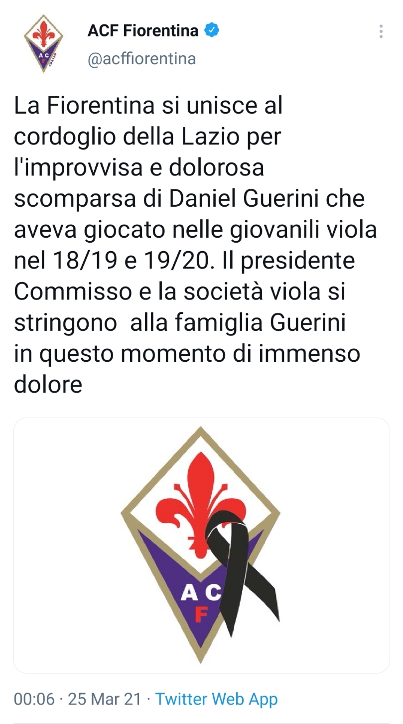 La Fiorentina piange il giovane Guerini, aveva giocato nelle giovanili viola per due anni. Il tweet di cordoglio ACF