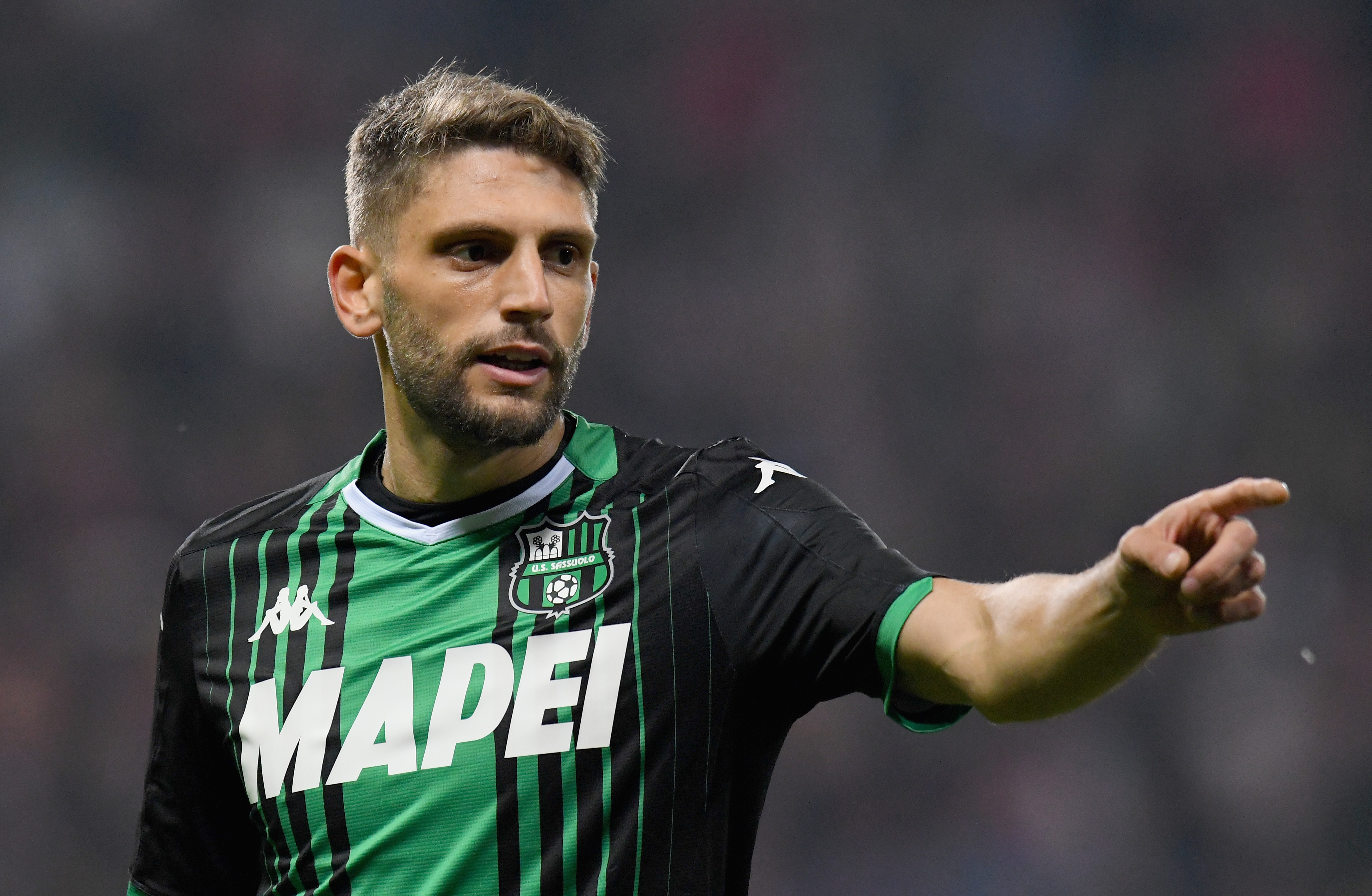 REGGIO NELL'EMILIA, ITALY - NOVEMBER 08: Domenico Berardi of US Sassuolo gestures during the Serie A match between US Sassuolo and Bologna FC at Mapei Stadium - Città del Tricolore on November 8, 2019 in Reggio nell'Emilia, Italy (Photo by Alessandro Saba