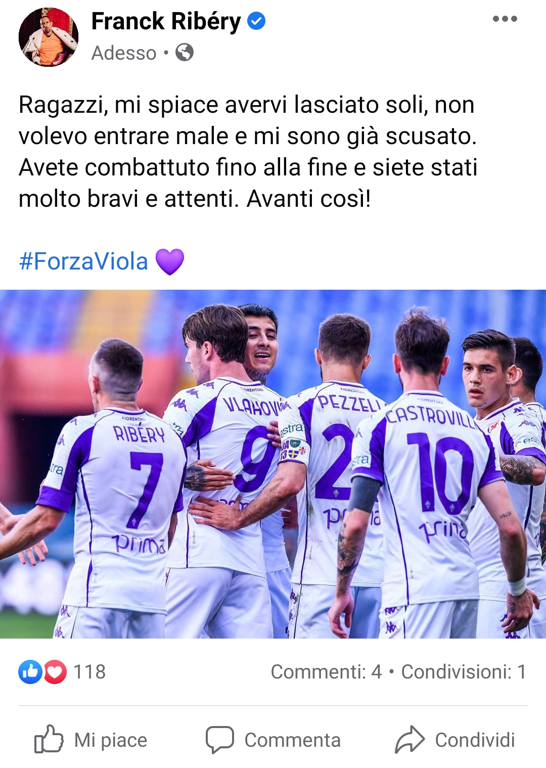 Ribery: "Ragazzi, mi spiace avervi lasciati soli, non volevo entrare male"