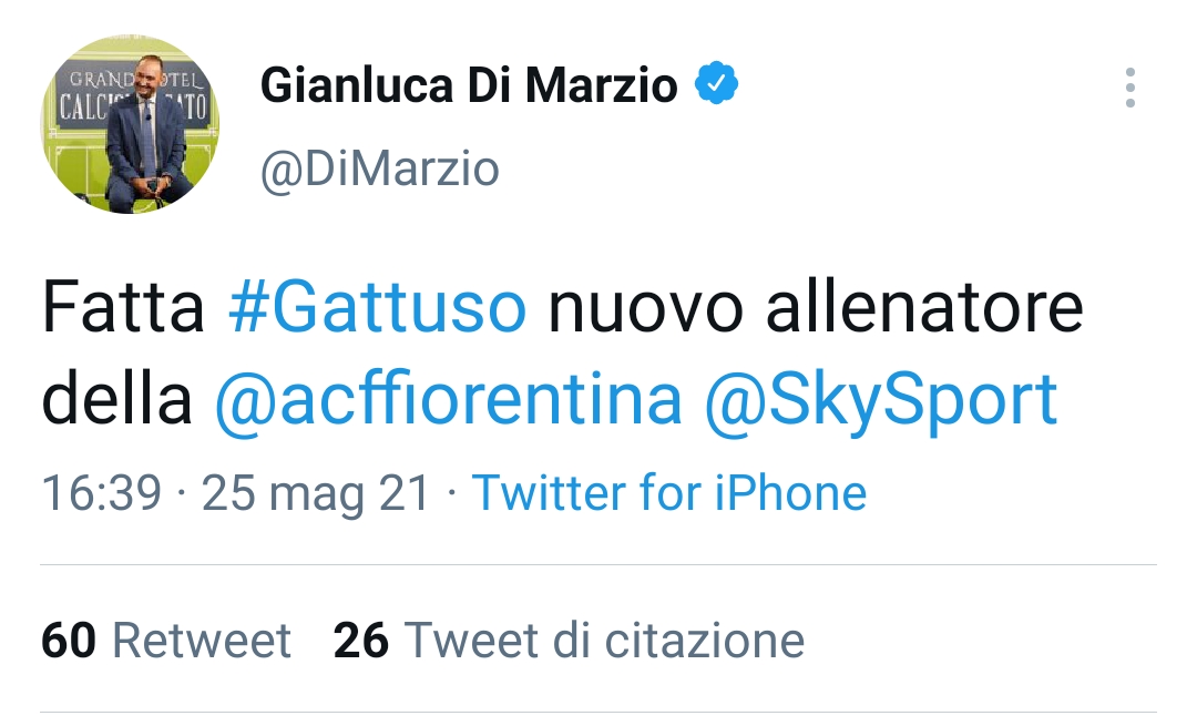 Sky Sport, Di Marzio: "È fatta, l'allenatore Gattuso è della Fiorentina"
