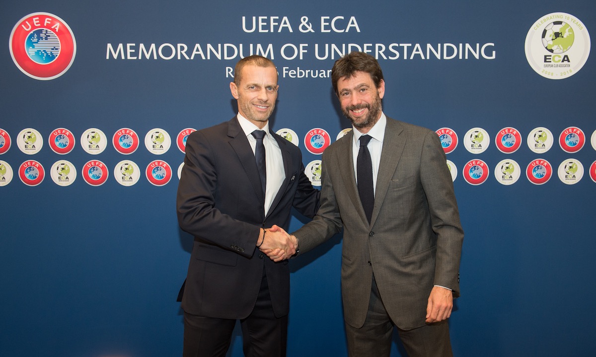 ROME, ITALY - FEBRUARY 06: UEFA President Aleksander Ceferin and ECA Chairman Andrea Agnelli signing a UEFA and ECA Memorandum of Understanding after the Executive Committee meeting at of the 43rd UEFA congress at hotel Cavalieri on February 6, 2019 in Ro