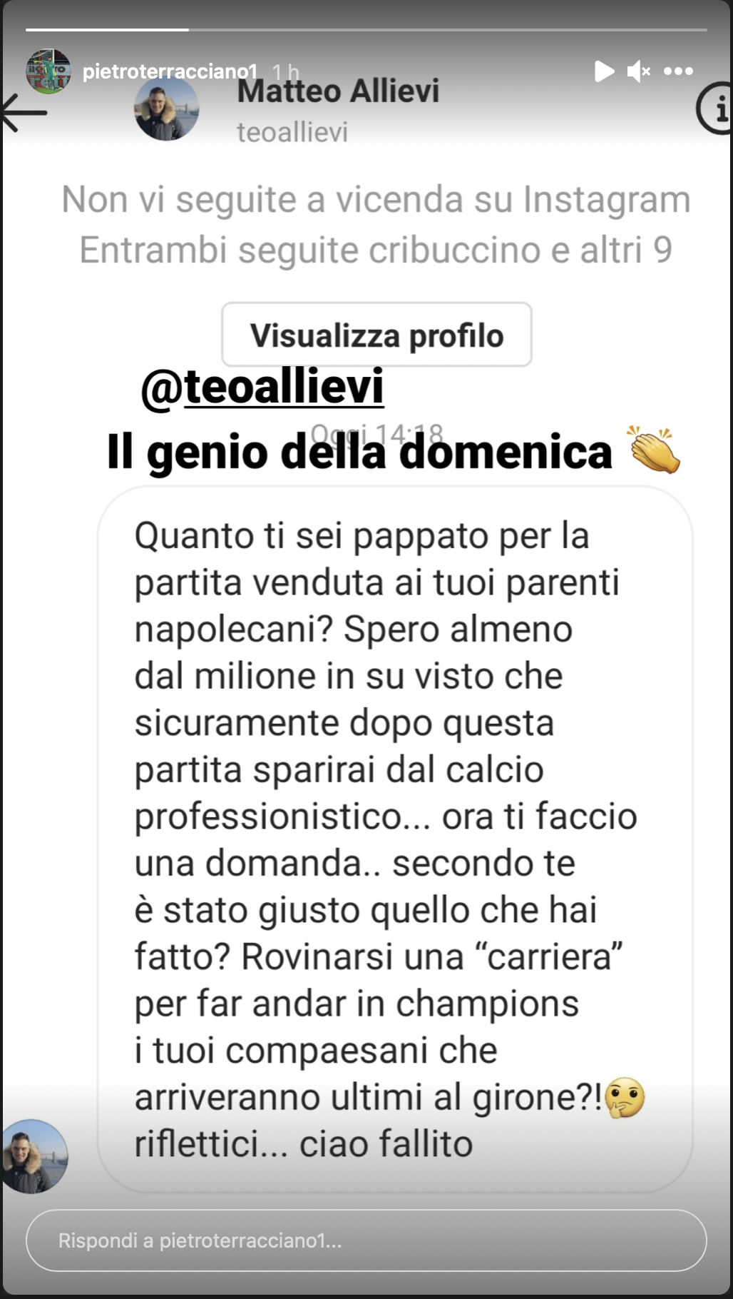 L'accusa a Terracciano: "Hai favorito i tuoi compaesani". Il portiere risponde: "Il genio della Domenica"