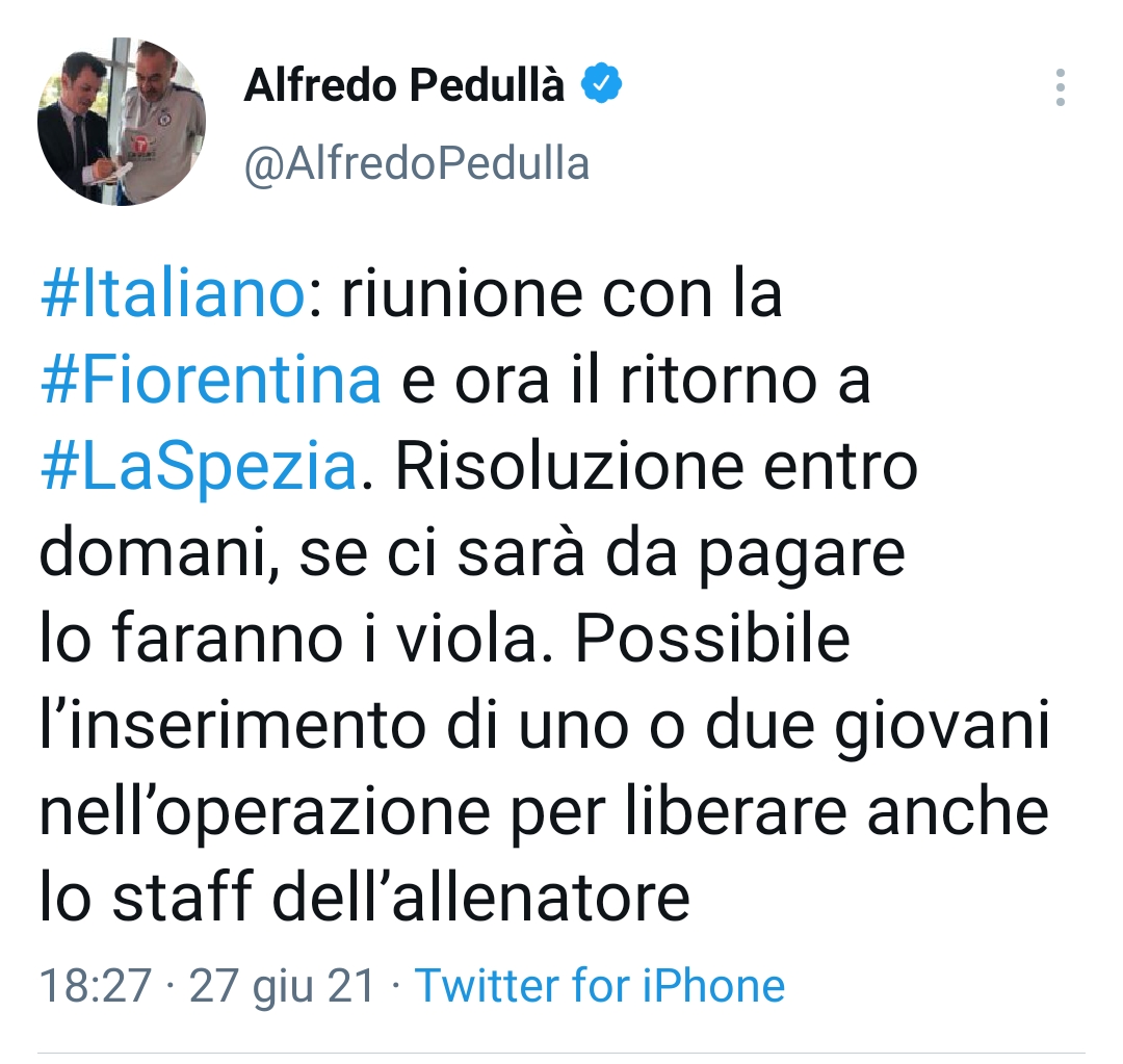 Pedullà: "Italiano dopo la riunione con la Fiorentina torna a La Spezia"