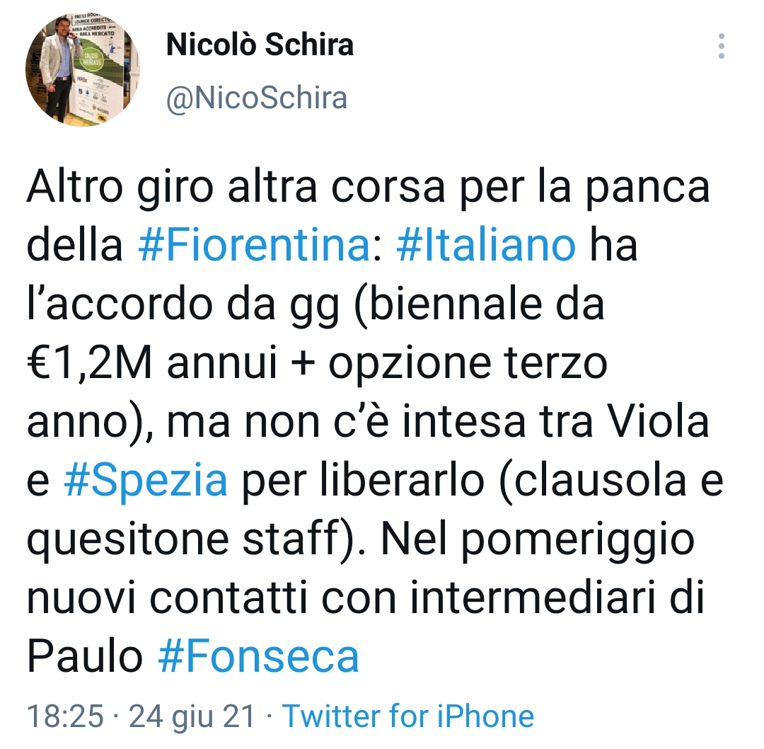 Schira: "Non c'è l'intesa tra la Fiorentina e lo Spezia per liberare Italiano"