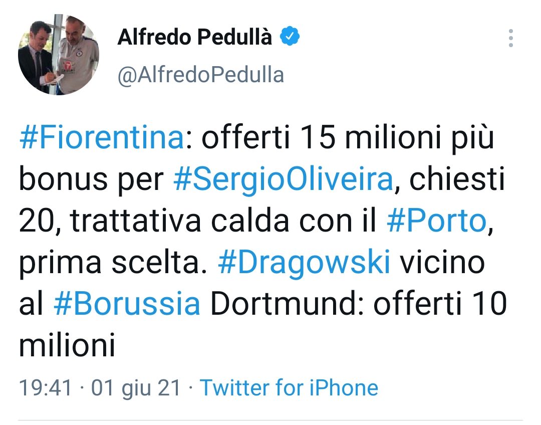 Pedullà: "Offerti 15 milioni per Oliveira del Porto. Dragowski..."