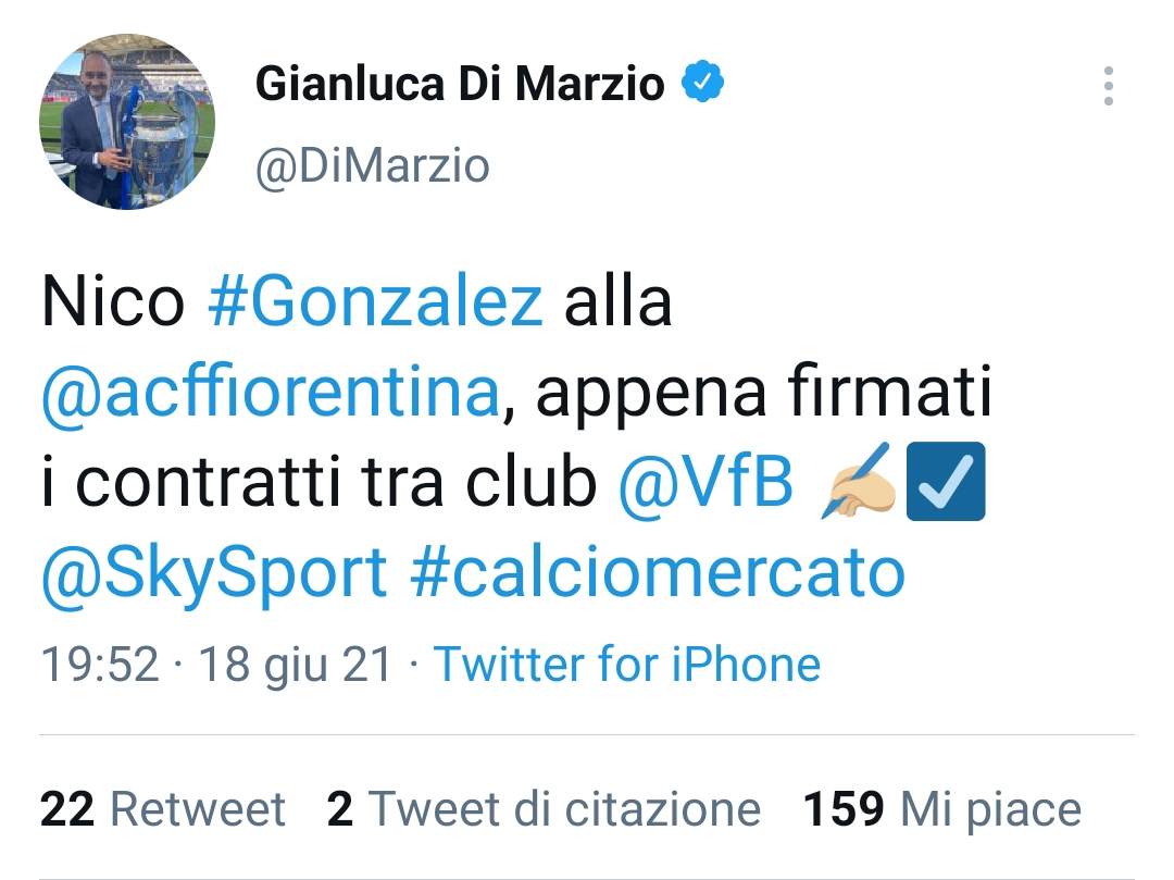 Di Marzio: "Nico Gonzalez ha appena firmato il contratto con la Fiorentina"