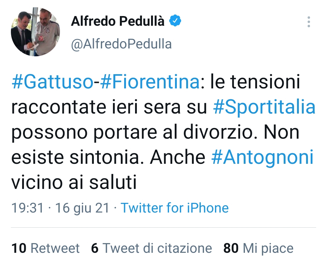 Pedullà: "Possibile divorzio Fiorentina-Gattuso. Non esiste sintonia"