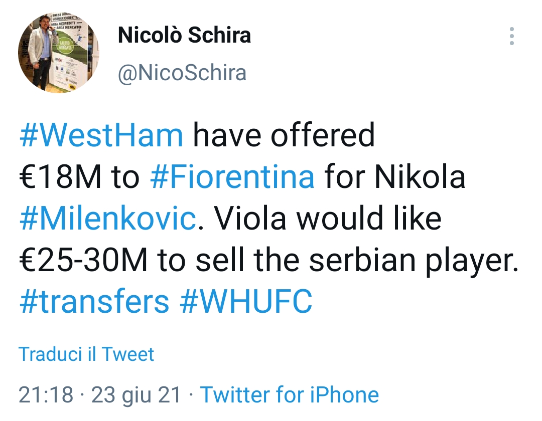 Schira: "La Fiorentina rifiuta un'offerta del West Ham di 18 milioni per Milenkovic, chiesti 25"