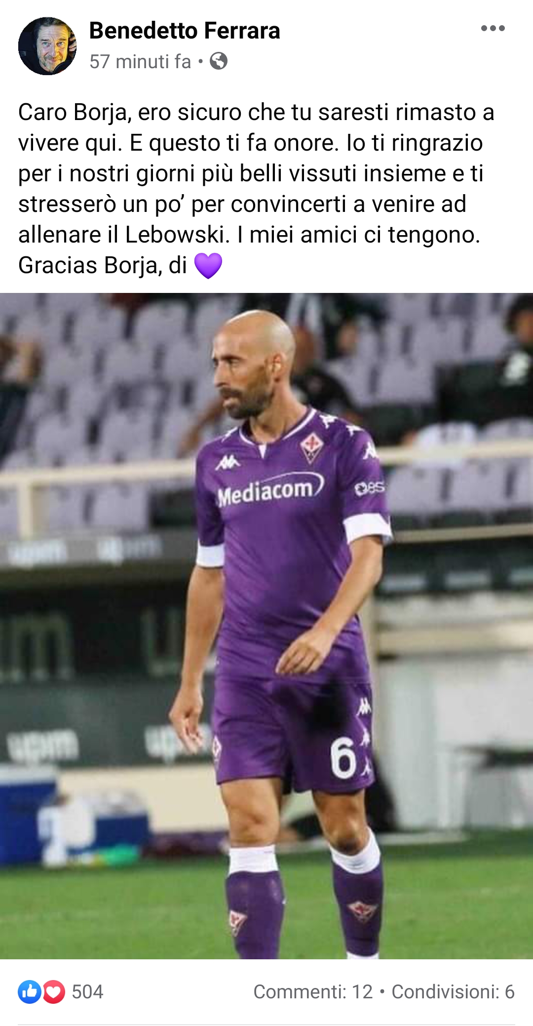 Ferrara: "Caro Borja, ero sicuro che saresti rimasto a vivere qui. Questo ti fa onore"