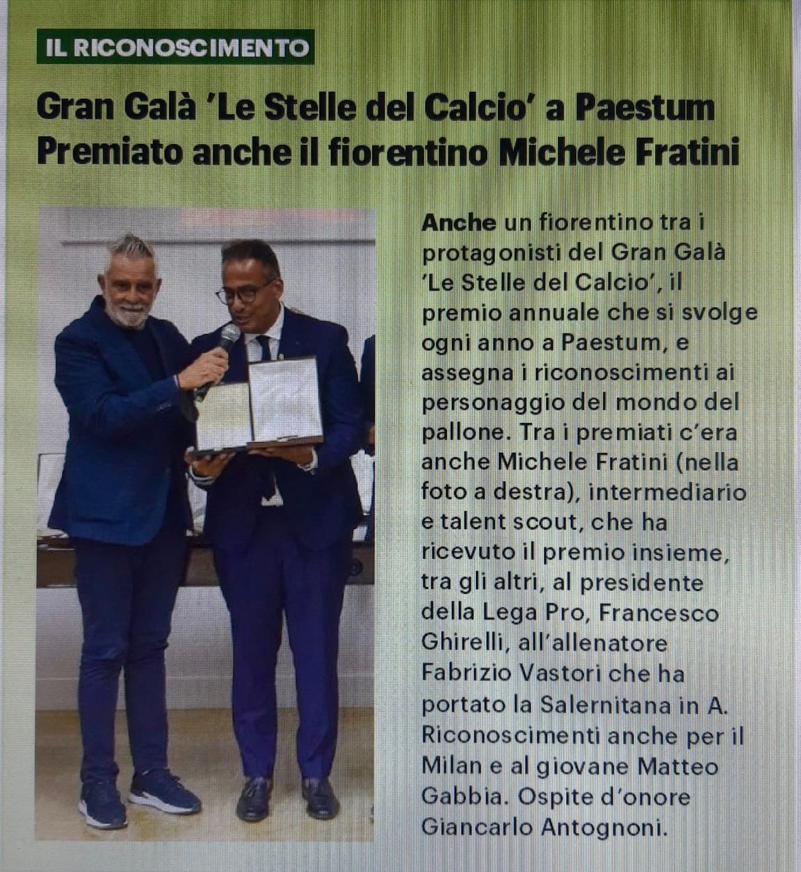 L'articolo su La Nazione, premiato Michele Fratini