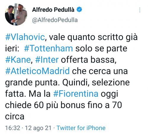 Pedullà: "Offerta bassa dell'Inter per Vlahovic. La Fiorentina vuole..."