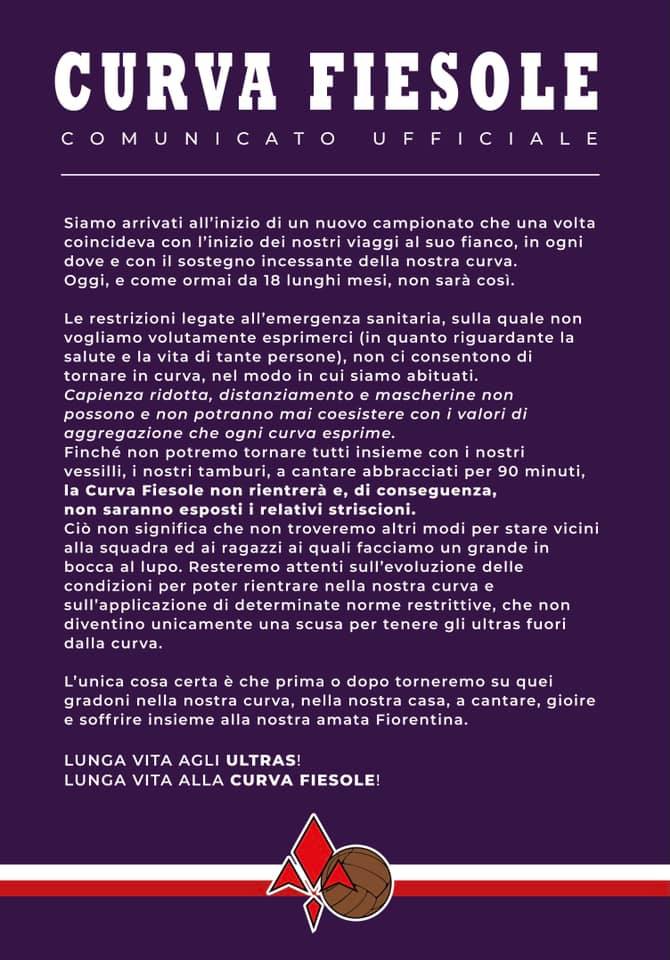 Curva Fiesole: "Non entriamo allo stadio perchè ci sono restrizioni che non permettono di stare vicini"