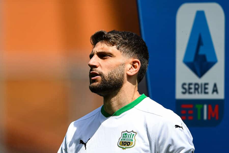 GENOA, ITALY - MAY 9: Domenico Berardi of Sassuolo looks on before the Serie A match between Genoa CFC and US Sassuolo at Stadio Luigi Ferraris on May 9, 2021 in Genoa, Italy. (Photo by Getty Images)