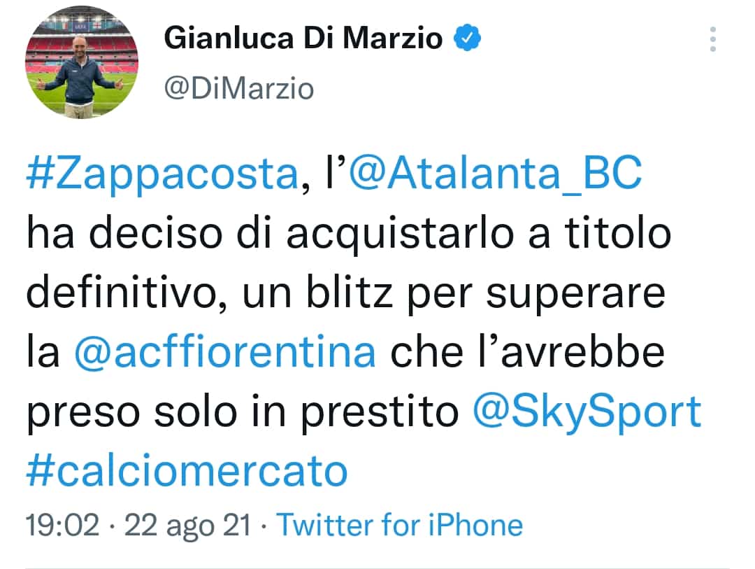 Di Marzio: "L'Atalanta ha superato la Fiorentina per Zappacosta"