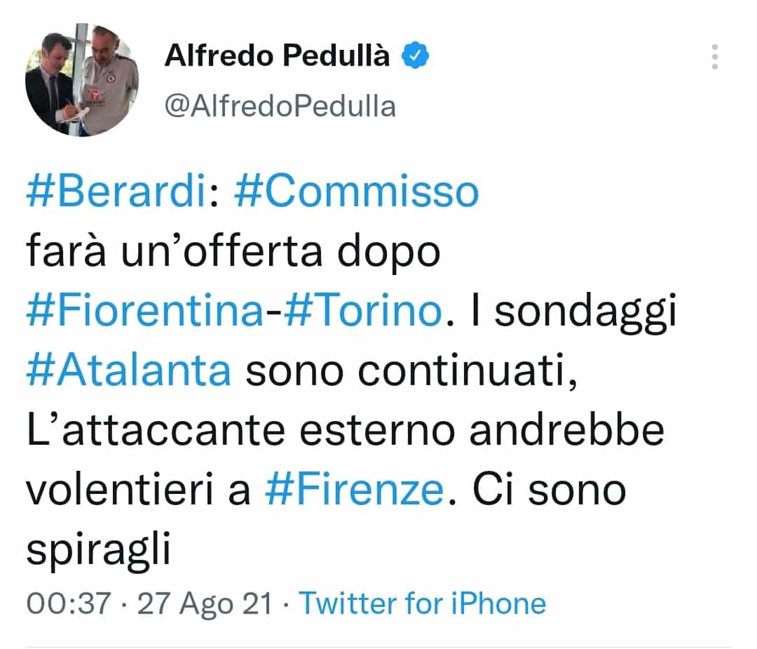 Pedullà annuncia: "Offerta Fiorentina per Berardi dopo sabato. Giocatore vuole Firenze"
