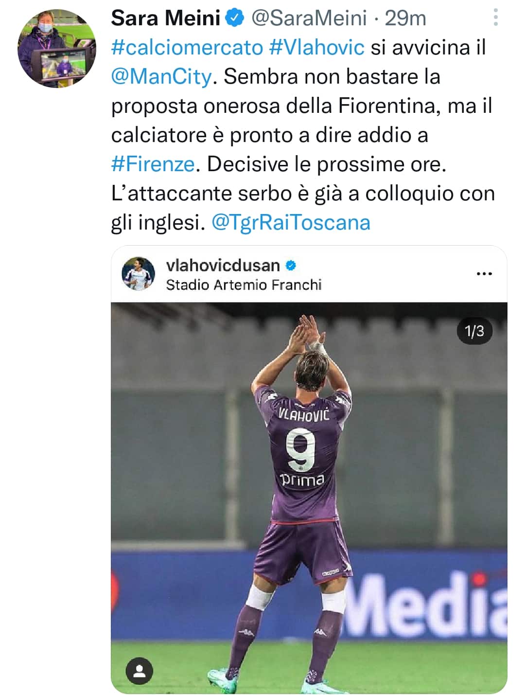Meini: "Dusan Vlahovic si avvicina al Manchester City dalla Fiorentina"
