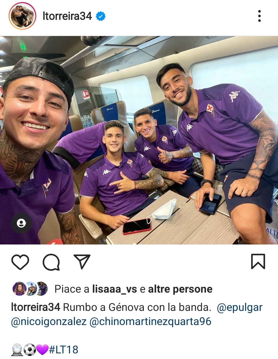 Verso Genova, selfie dei sudamericani viola Torreira, Martinez Quarta, Gonzalez e Pulgar