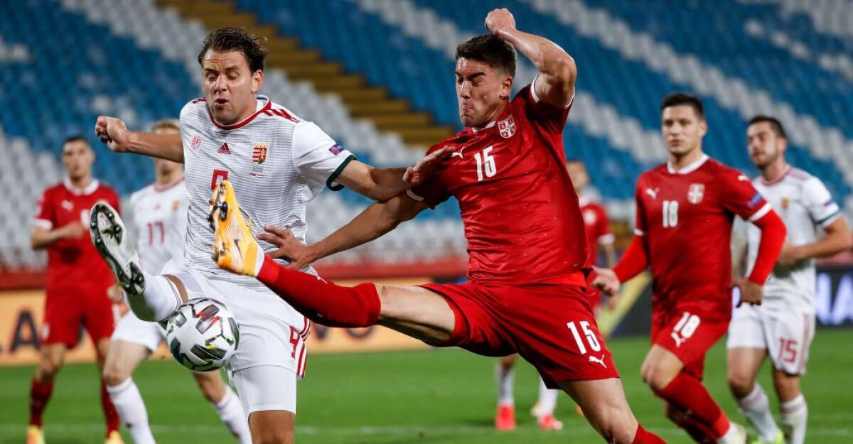 (VIDEO) Bomber Vlahovic trascina la Serbia verso Qatar2022: doppietta contro l'Azerbaijan - BELGRADE, SERBIA - OCTOBER 11: Dusan Vlahovic (R) of Serbia in action against Adam Szalai (L) of Hungary during the UEFA Nations League group stage match between Serbia and Hungary at Rajko Mitic Stadium on October 11, 2020 in Belgrade, Serbia. (Phot