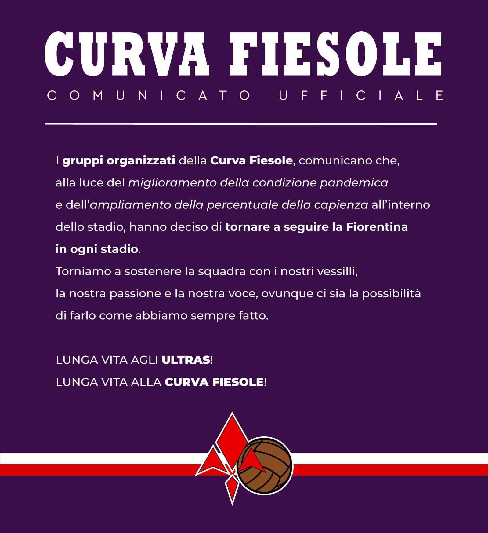 La Curva Fiesole conferma: "Torniamo allo stadio, adesso saremo ovunque ci sia la possibilità"