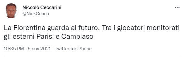 La Fiorentina ieri a seguire Empoli-Genoa. Ceccarini: "I viola vogliono Cambiaso e Parisi"
