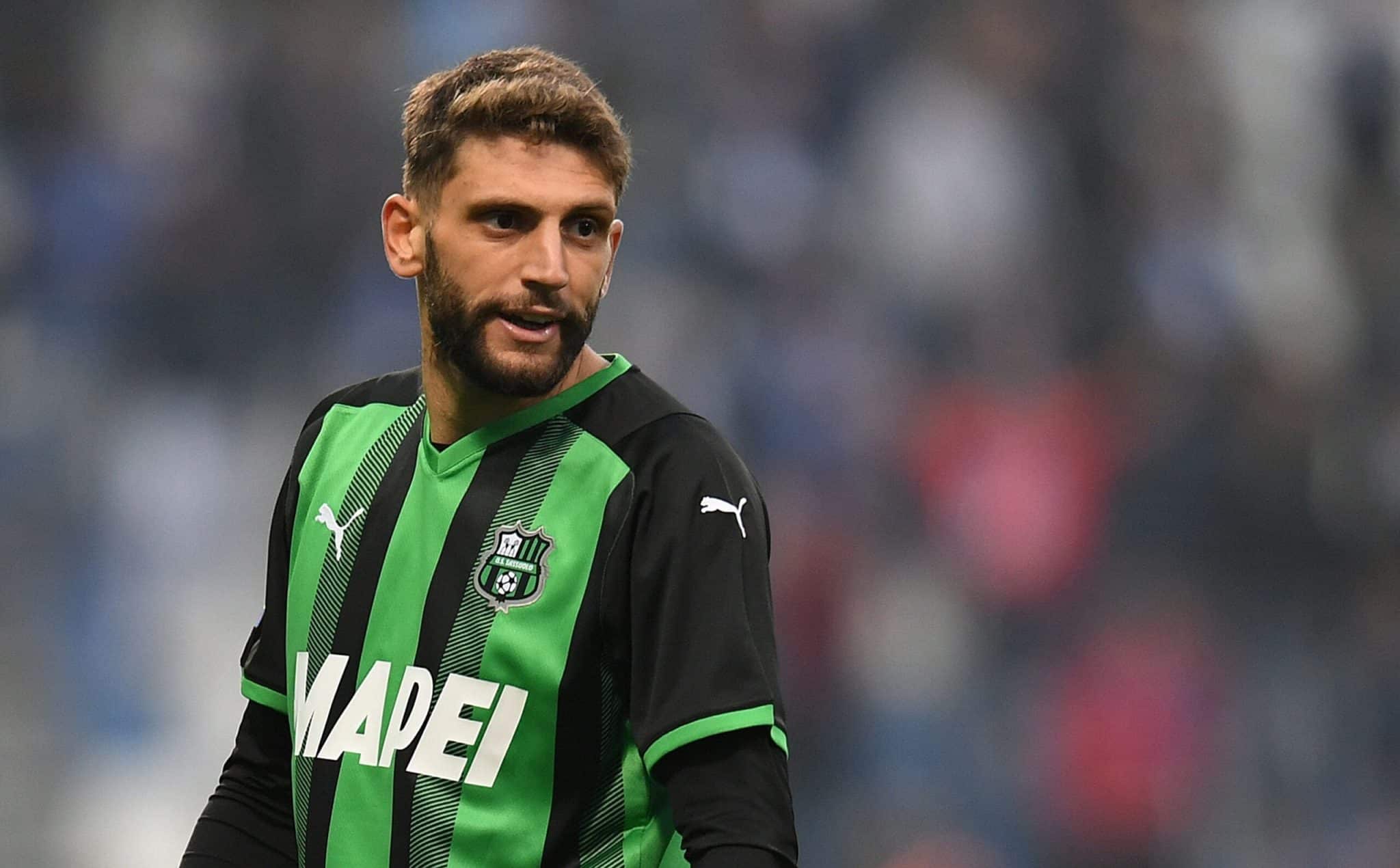 REGGIO NELL'EMILIA, ITALY - OCTOBER 31: Domenico Berardi of US Sassuolo looks on during the Serie A match between US Sassuolo and Empoli FC at Mapei Stadium - Citta' del Tricolore on October 31, 2021 in Reggio nell'Emilia, Italy. (Photo by Alessandro Saba