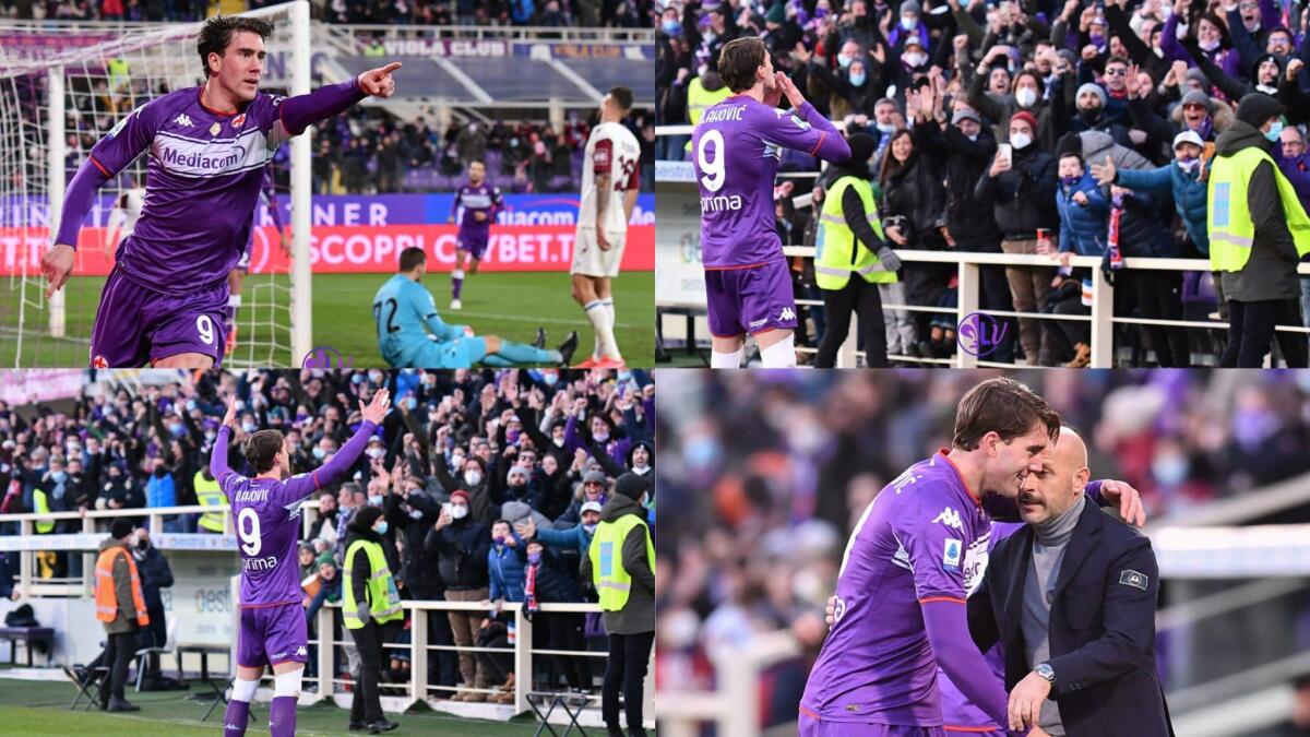 Foto racconto, Vlahovic segna, dedica il gol ai tifosi della Fiorentina e va ad abbracciare Italiano - Firenze, stadio A.Franchi, 11.12.2021, Fiorentina-Salernitana, foto Lisa Guglielmi. Copyright Labaroviola.com