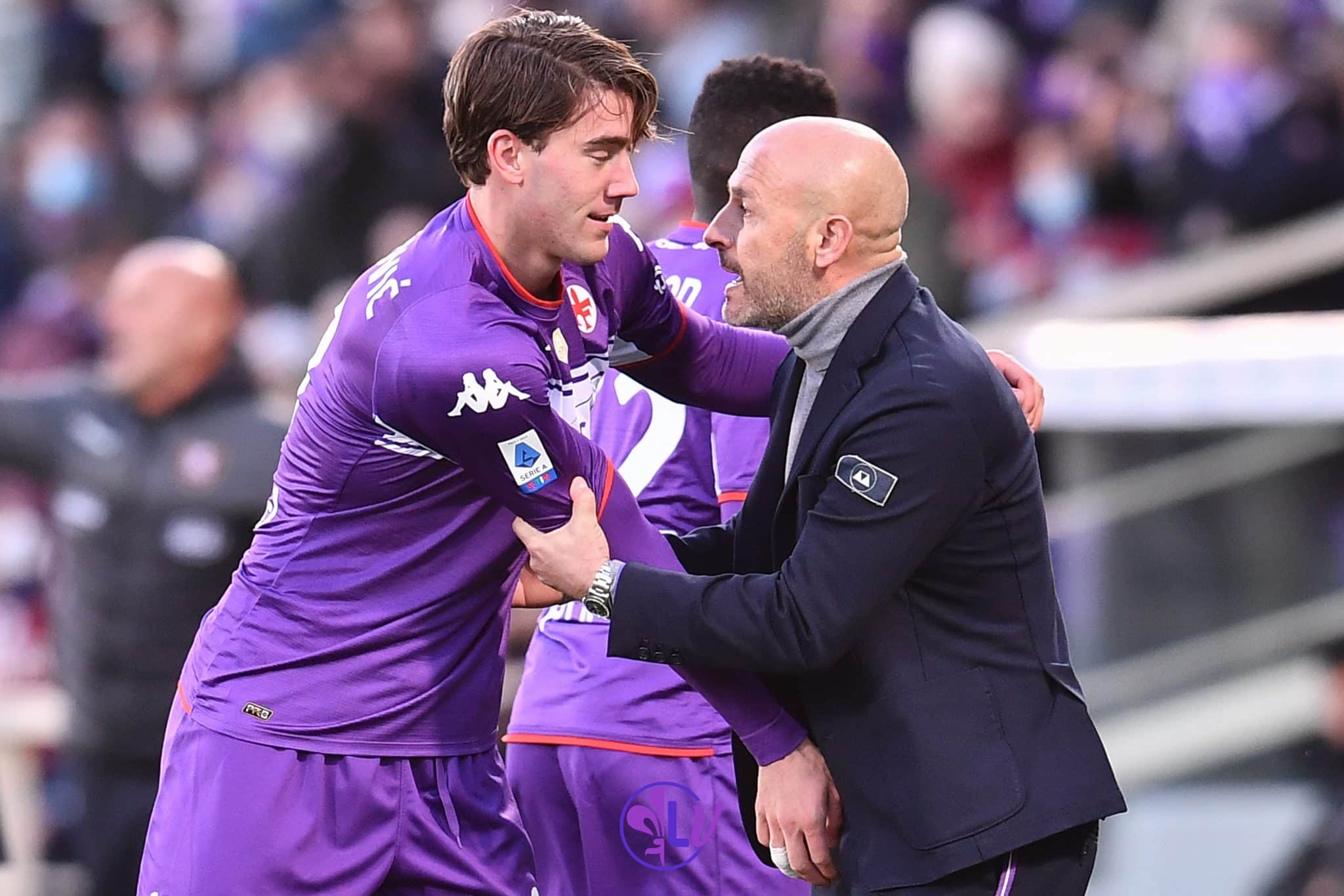 Esultanza Dusan Vlahovic con Vincenzo Italiano, Firenze, stadio A.Franchi, 11.12.2021, Fiorentina-Salernitana, foto Lisa Guglielmi. Copyright Labaroviola.com