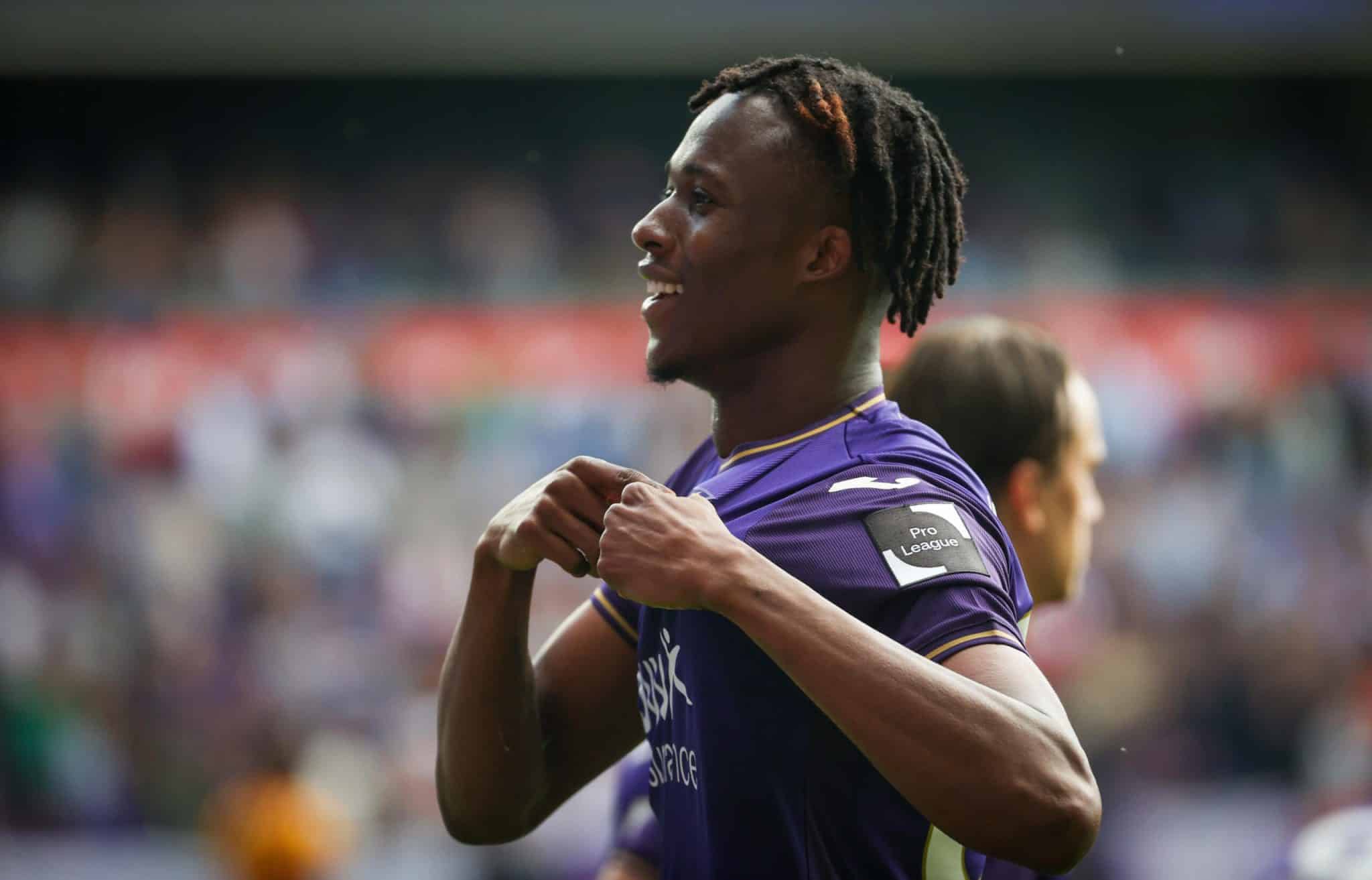 Anderlecht s Christian Kouame celebrates after scoring during a soccer match between RSCA Anderlecht and KV Mechelen, Sunday 12 September 2021 in Anderlecht, Brussels, on day 7 of the 2021-2022 Jupiler Pro League first division of the Belgian championship