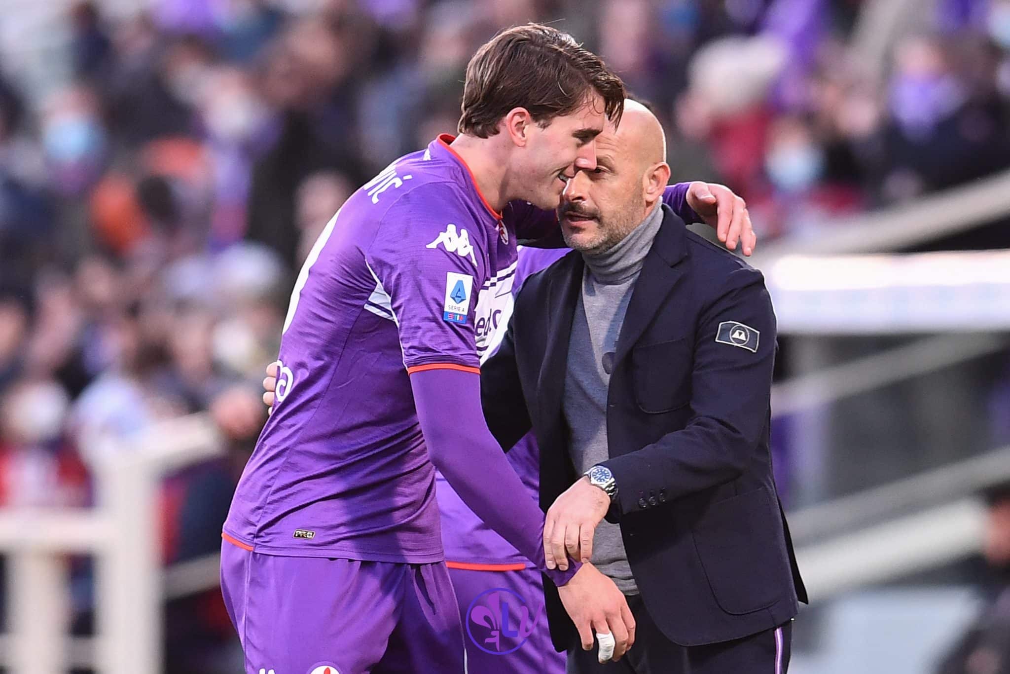 Esultanza Dusan Vlahovic con Vincenzo Italiano, Firenze, stadio A.Franchi, 11.12.2021, Fiorentina-Salernitana, foto Lisa Guglielmi. Copyright Labaroviola.com