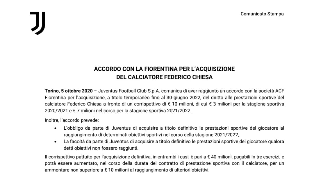 Documento Juventus per acquisto di Chiesa
