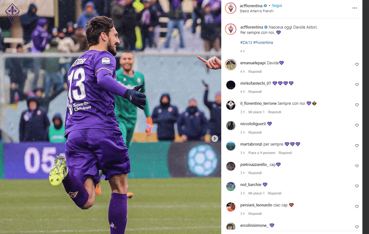La Fiorentina omaggia Astori che oggi avrebbe compiuto 35 anni. E anche Pezzella lo ricorda sui social