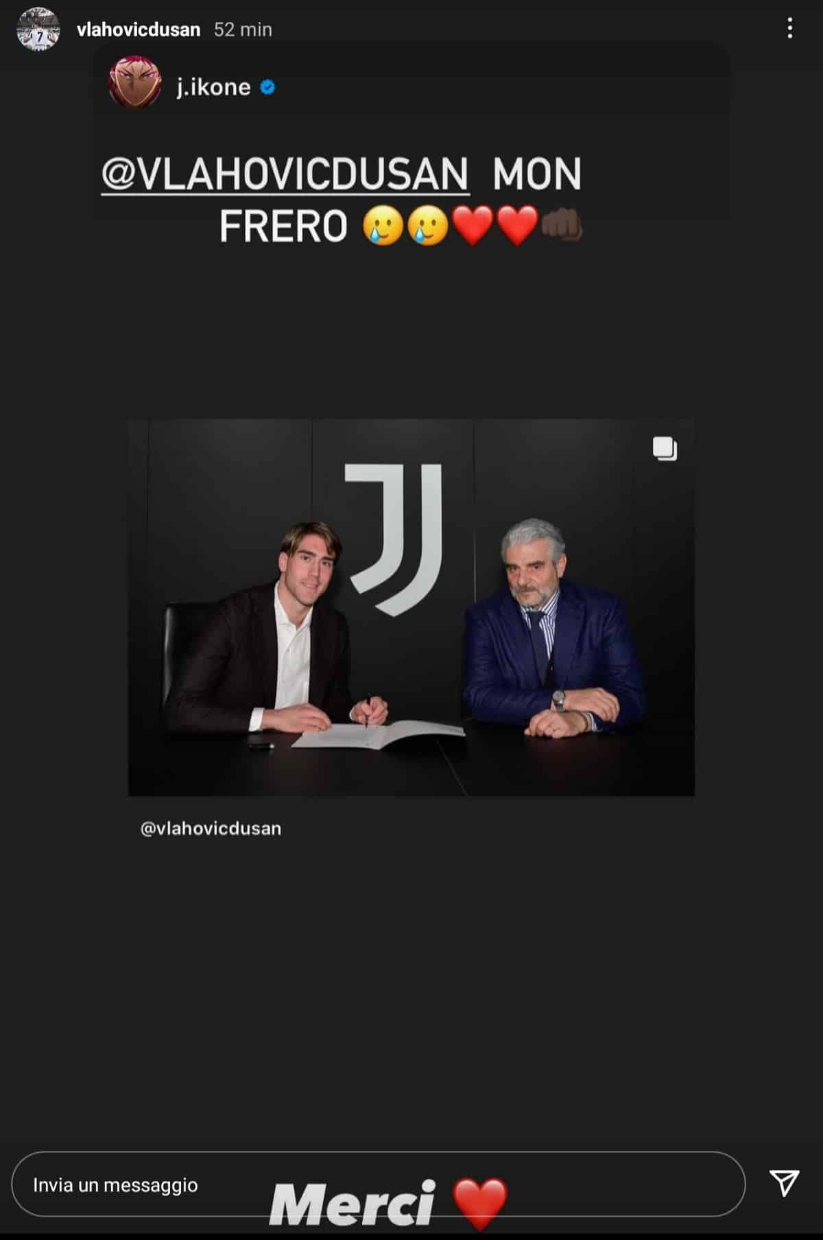 Ikonè posta la foto di Vlahovic alla Juventus e mette le faccine in lacrime. Dusan risponde: "Grazie"