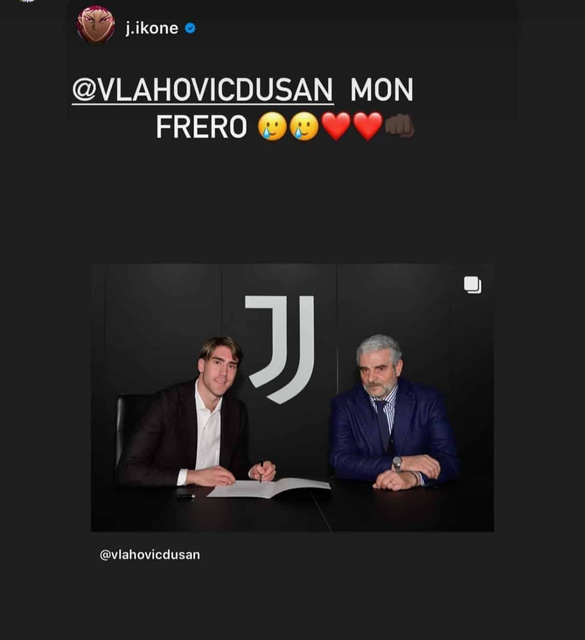 Ikonè posta la foto di Vlahovic alla Juventus e mette le faccine in lacrime. Dusan risponde: "Grazie"