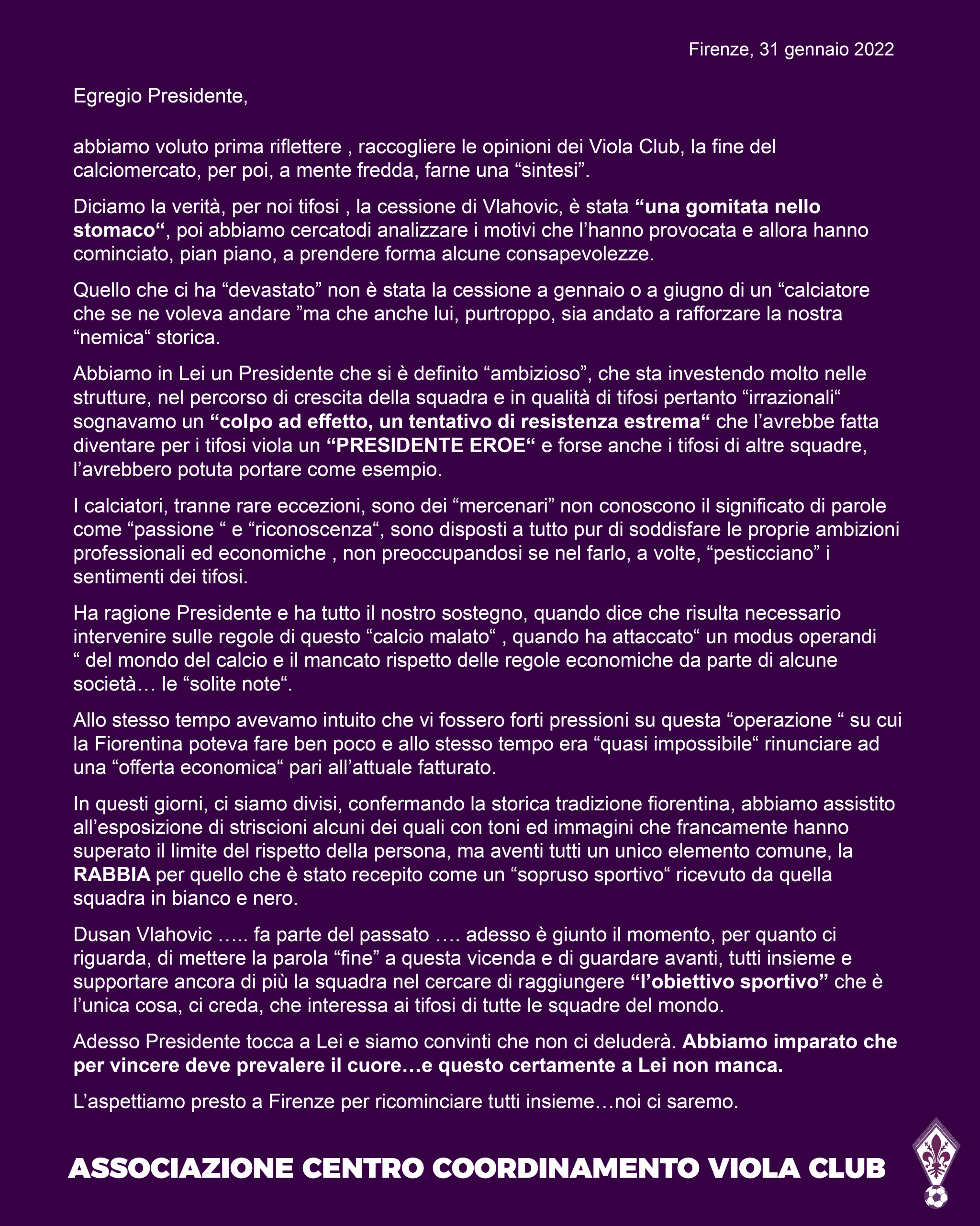 ACCVC scrive a Commisso: "La cessione di Vlahovic è stata come una gomitata nello stomaco"