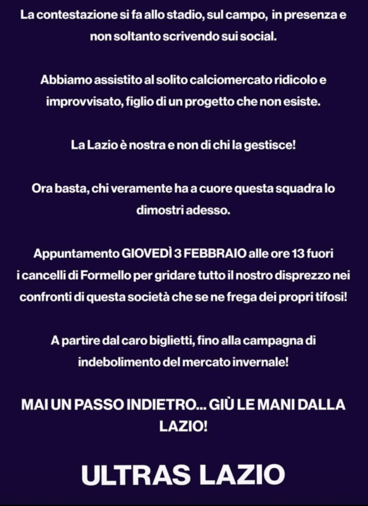 Tifosi della Lazio furiosi annunciano contestazione: "Mercato ridicolo, il progetto non esiste"