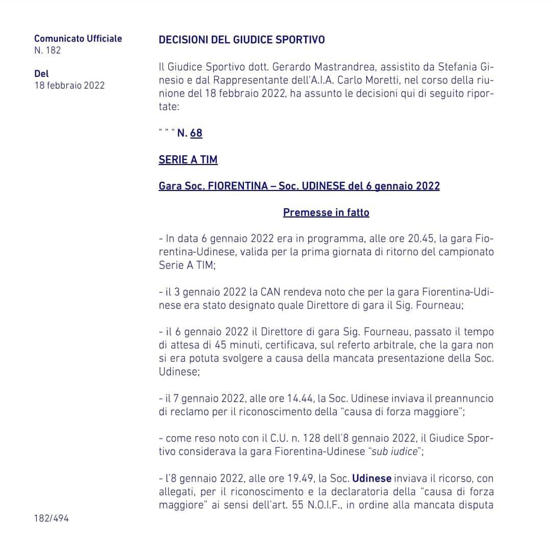 Il giudice sportivo ha deciso, Fiorentina-Udinese si dovrà rigiocare: "Causa di forza maggiore"