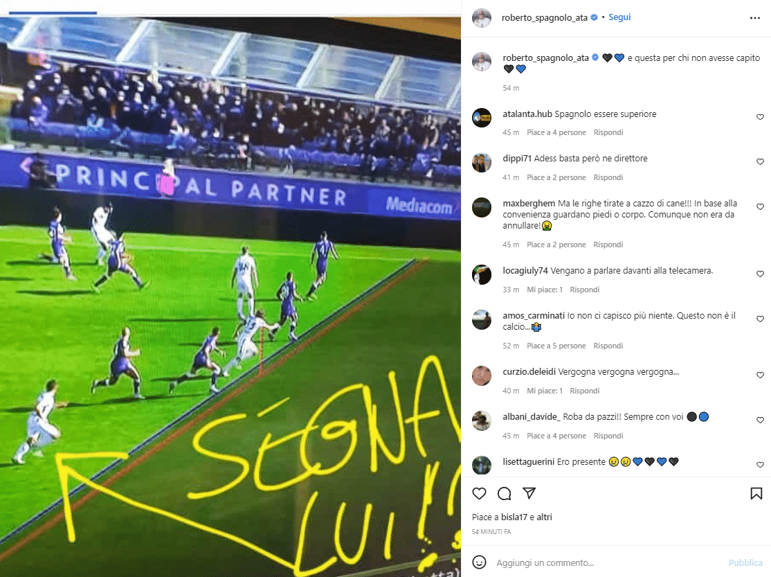 Il dirigente della Dea Spagnolo rompe il silenzio stampa per protestare: "Gol buono, segna Malinovskyi "