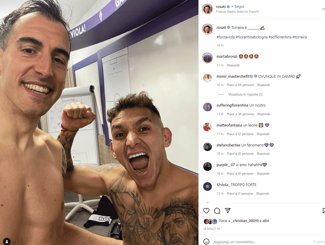 Rosati in posa con Torreira dopo il gol vittoria di Lucas. La festa nello spogliatoio della Fiorentina