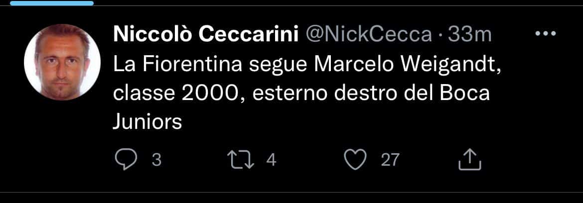 Ceccarini: "La Fiorentina segue il terzino destro Marcelo Weigandt classe 2000 del Boca Juniors"