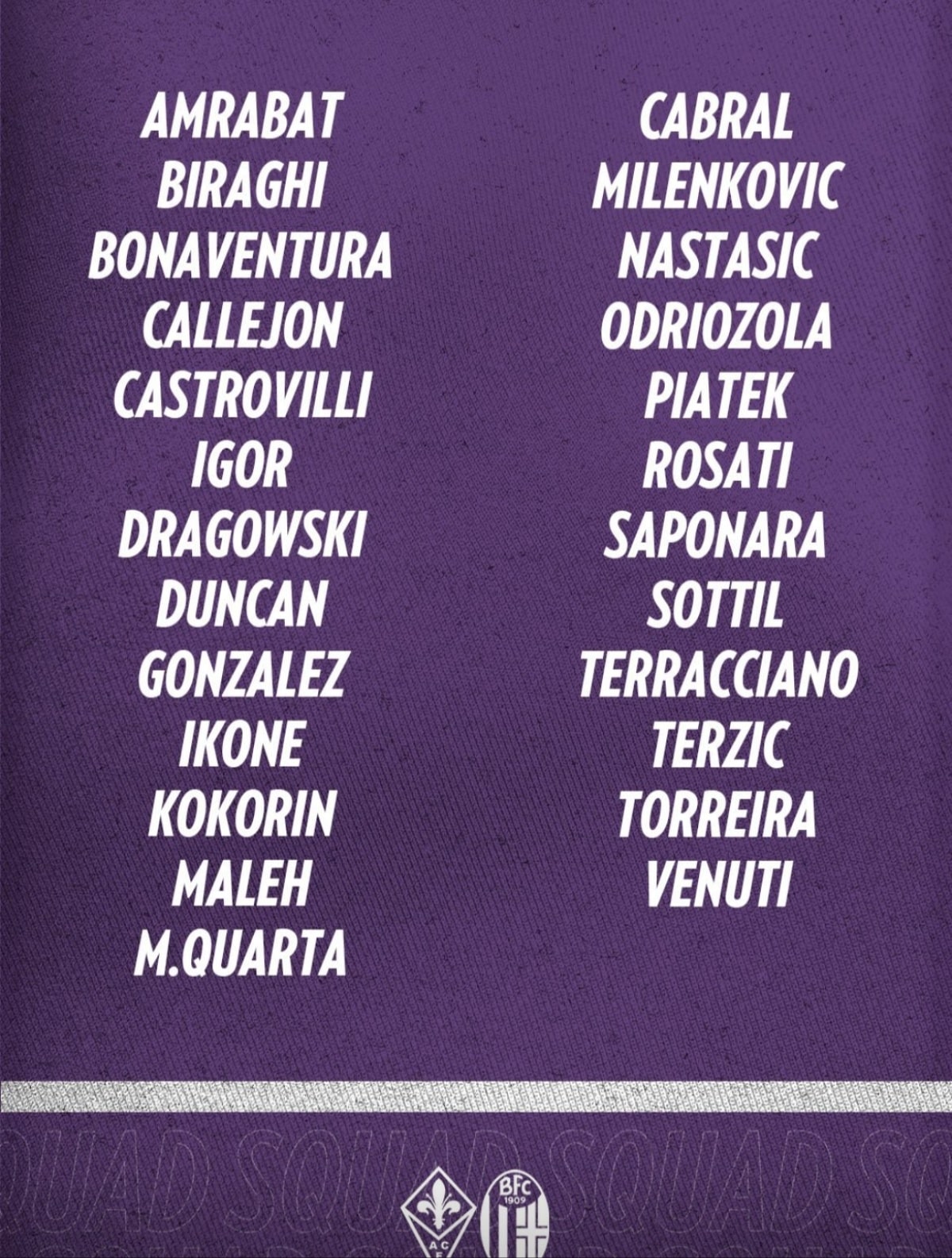 I convocati della Fiorentina per il Bologna, Cabral c'è, tornano Odriozola e Bonaventura