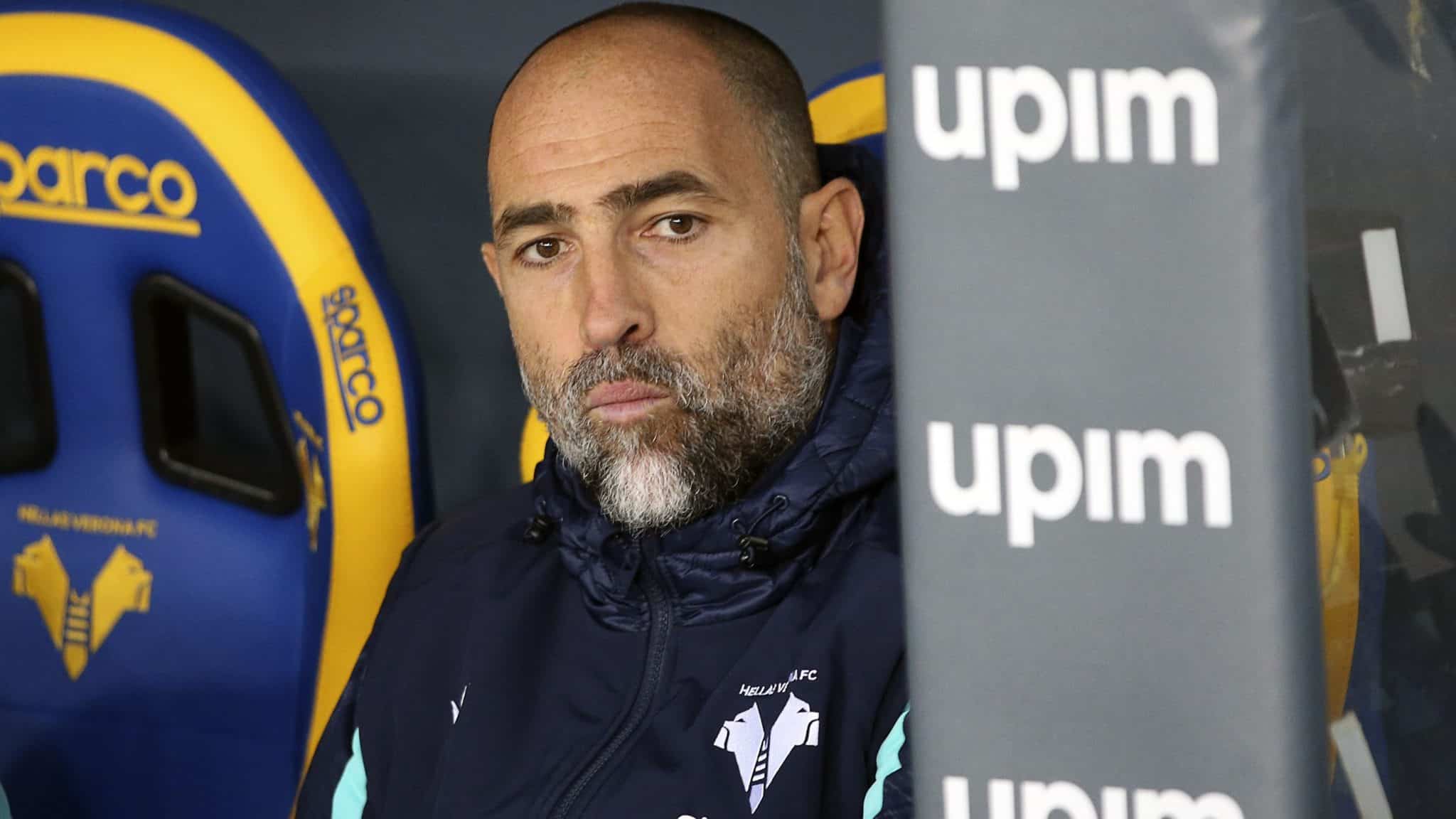 Verona coach Igor Tudor sits on the bench prior to the Serie A soccer match between Hellas Verona and Juventus, at the Verona Bentegodi stadium, Italy, Saturday, Oct. 30, 2021. (Paola Garbuio/LaPresse via AP)