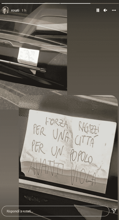 Tifoso attacca uno stupendo foglio sulla macchina di Rosati: "Per una città, per un popolo, forza ragazzi"