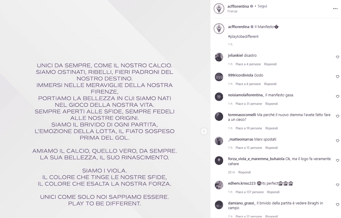 Il manifesto della Fiorentina: "Siamo la bellezza e il rinascimento. Siamo viola, colore che esalta la forza"