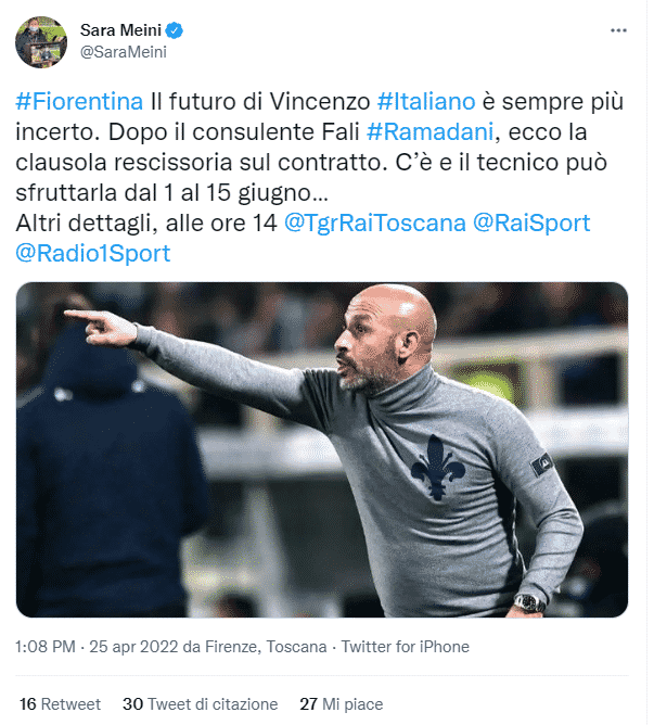 TgR, Sara Meini scrive: "Italiano ha una clausola rescissoria che può sfruttare dal 1 al 15 giugno"