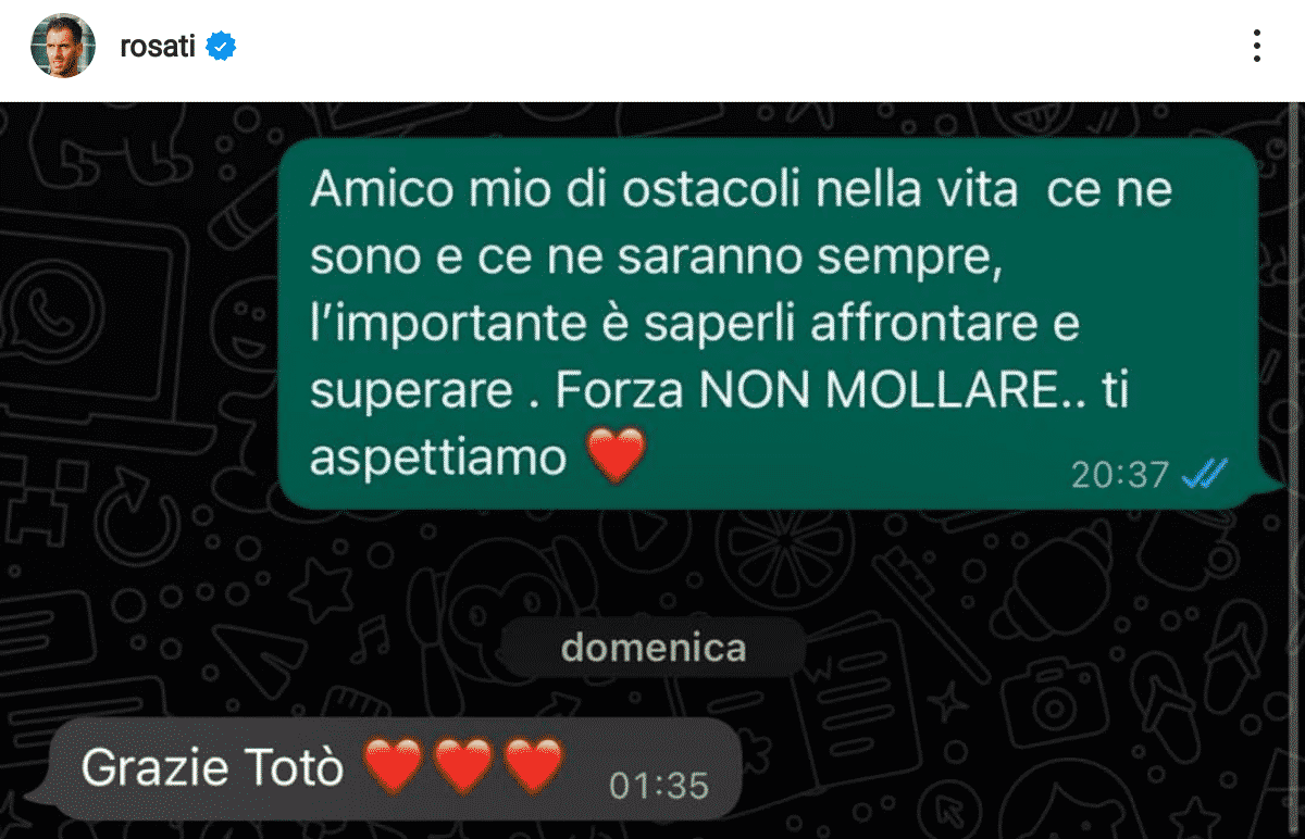 Rosati scrive a Castrovilli: "Di ostacoli nella vita ce ne saranno sempre tanti, non mollare"