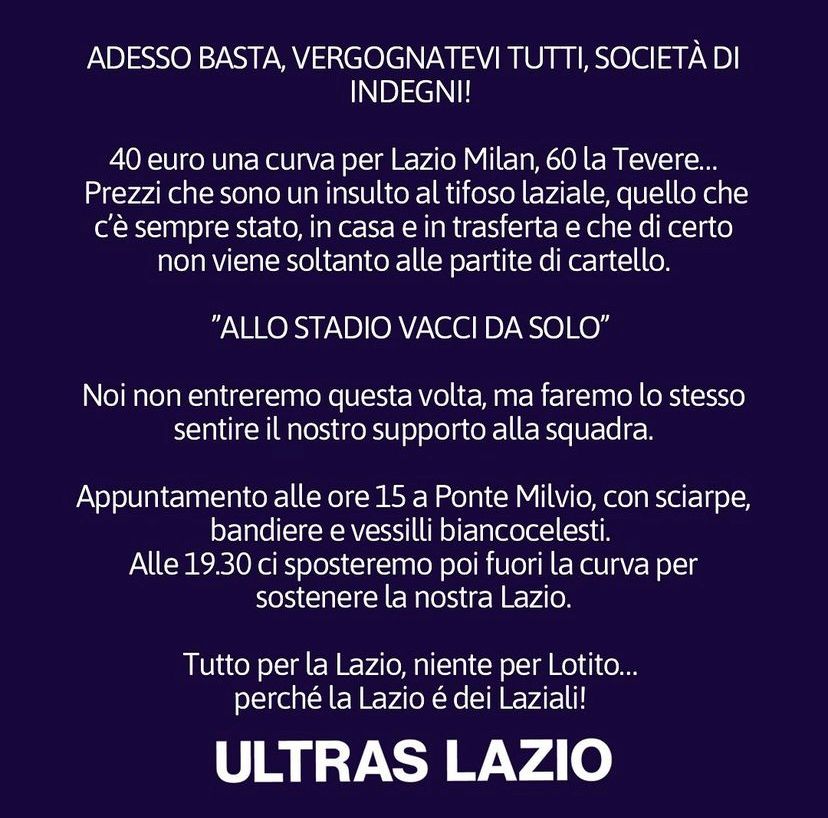 Biglietto costa troppo, ultras Lazio diserteranno Lazio-Milan e attaccano Lotito: "Allo stadio vacci tu"