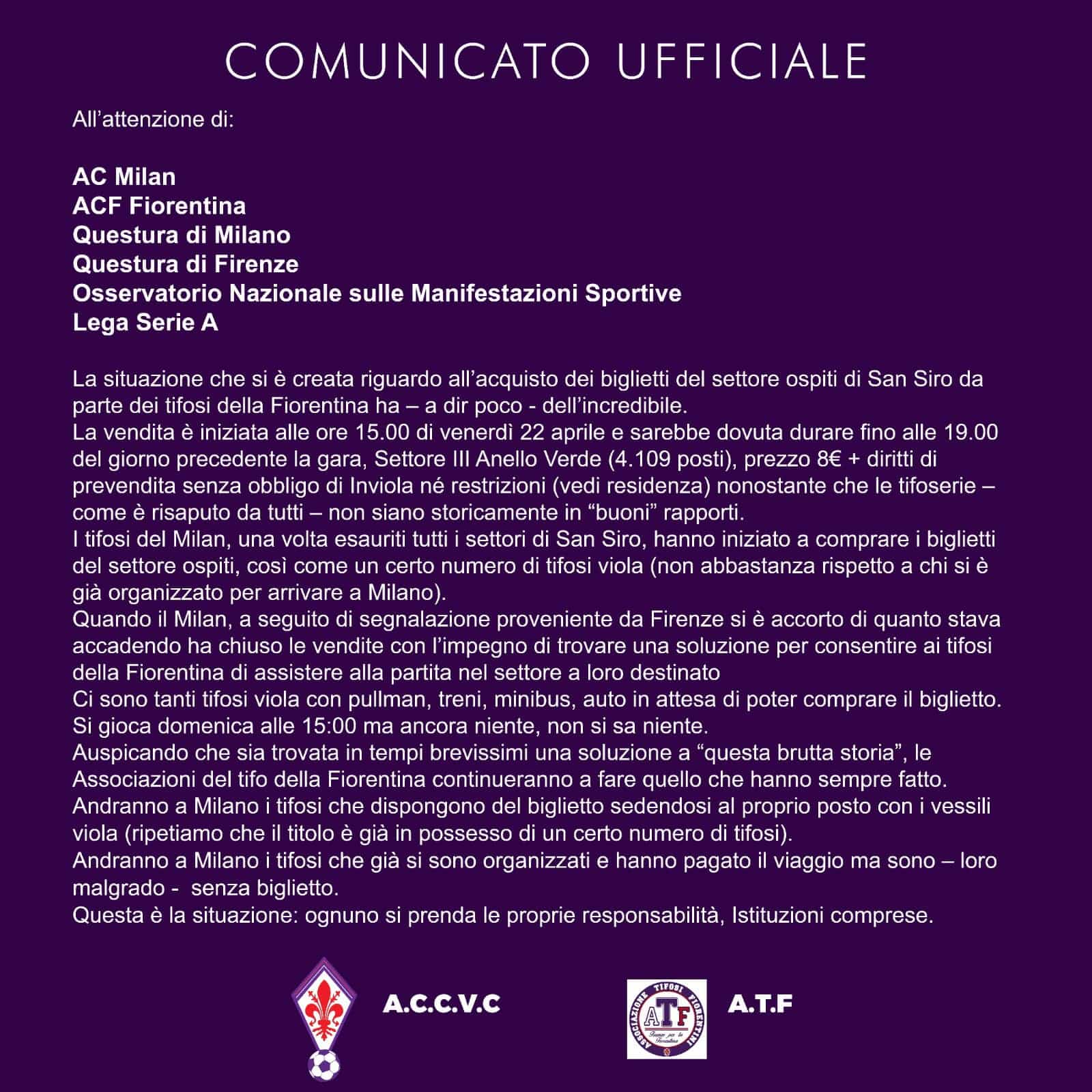 L'associazione tifosi Fiorentina non ci sta: "Situazione biglietti con Milan incredibile, verremo lo stesso"