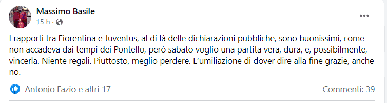 Basile onesto: "I rapporti tra Fiorentina e Juve ottimi, ma preferirei perdere che avere la gara regalata"
