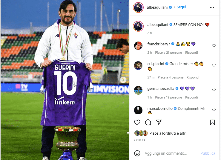 Aquilani dedica in maniera toccante la vittoria della Coppa Italia al giovane scomparso ex viola Guerini